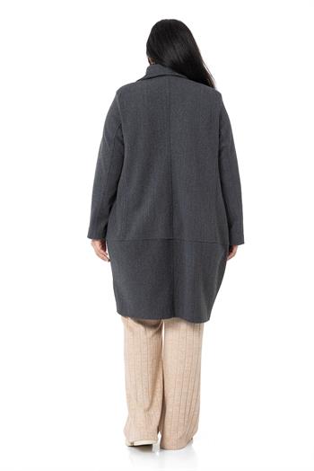 Büyük Beden Yaka Detaylı Kaşe Astarsız Antrasit Kaban