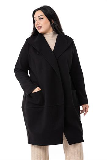 Büyük Beden Yaka Detaylı Kaşe Astarsız Siyah Kaban