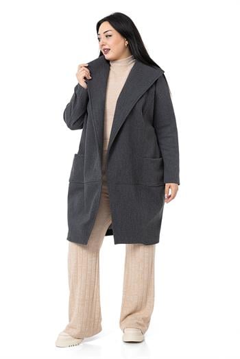 Büyük Beden Yaka Detaylı Kaşe Astarsız Antrasit Kaban