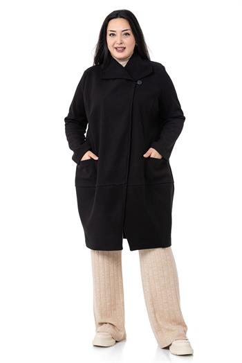 Büyük Beden Yaka Detaylı Kaşe Astarsız Siyah Kaban