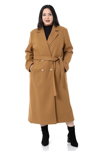 Büyük Beden Yırtmaçlı Uzun Astarlı Tarçın Kaşe Kaban