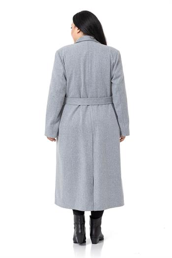 Büyük Beden Yırtmaçlı Uzun Astarlı Gri Kaşe Kaban