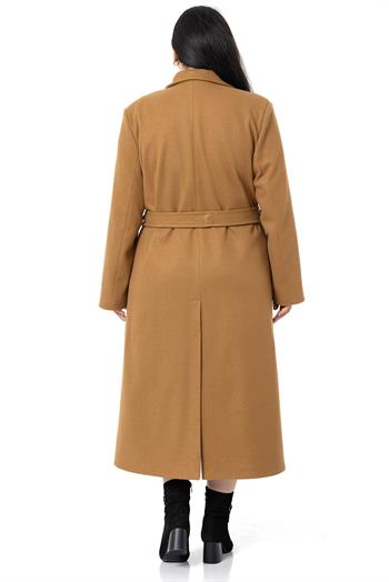 Büyük Beden Yırtmaçlı Uzun Astarlı Tarçın Kaşe Kaban