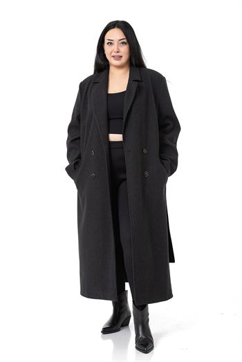 Büyük Beden Yırtmaçlı Uzun Astarlı Siyah Kaşe Kaban