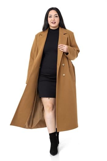 Büyük Beden Yırtmaçlı Uzun Astarlı Tarçın Kaşe Kaban