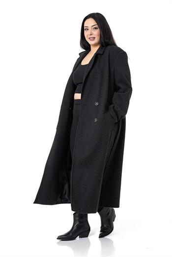 Büyük Beden Yırtmaçlı Uzun Astarlı Siyah Kaşe Kaban