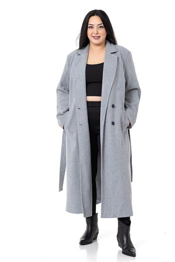 Büyük Beden Yırtmaçlı Uzun Astarlı Gri Kaşe Kaban