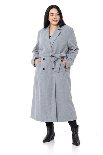 Büyük Beden Yırtmaçlı Uzun Astarlı Gri Kaşe Kaban