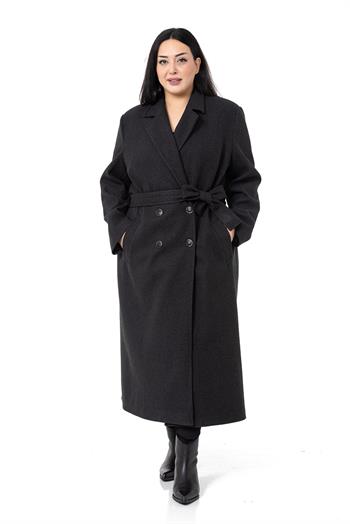 Büyük Beden Yırtmaçlı Uzun Astarlı Siyah Kaşe Kaban