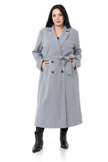 Büyük Beden Yırtmaçlı Uzun Astarlı Gri Kaşe Kaban