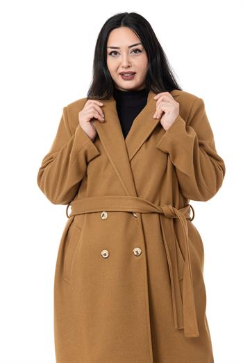 Büyük Beden Yırtmaçlı Uzun Astarlı Tarçın Kaşe Kaban