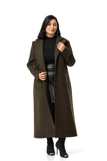 Büyük Beden Ceket Yaka Torba Cepli Astarlı Uzun Haki Kaşe Kaban