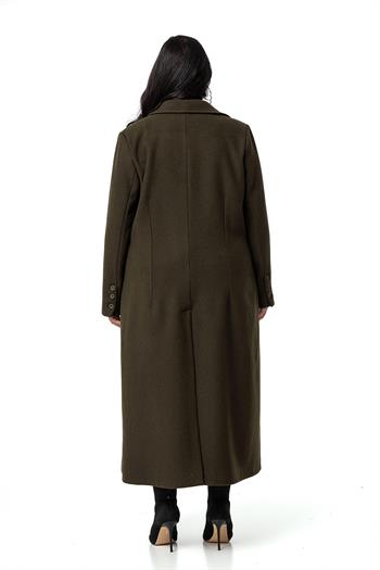 Büyük Beden Ceket Yaka Torba Cepli Astarlı Uzun Haki Kaşe Kaban