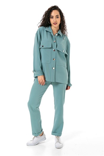 Kadın Gömlek Pantolon Mint Yeşili Double Takım