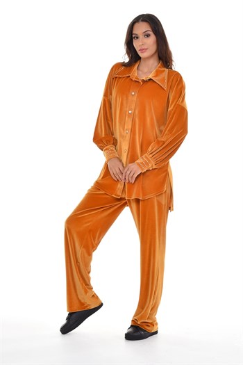 Kadın Kadife Gömlek Pantolon Hardal Takım