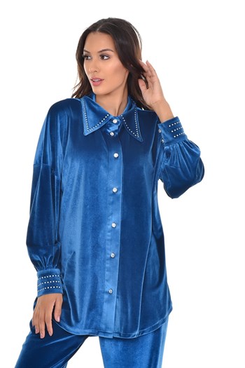 Kadın Kadife Gömlek Pantolon İndigo Takım