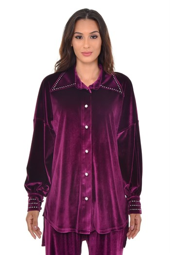 Kadın Kadife Gömlek Pantolon Mor Takım