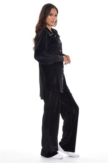 Kadın Kadife Gömlek Pantolon Siyah Takım