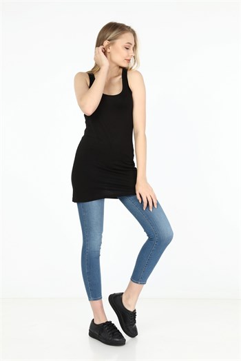 Kalın Askılı Rambo Viskon Siyah Uzun Body