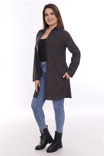 Kareli Gizli Cepli Kolu Apoletli Uzun Dokuma Tunik Gömlek