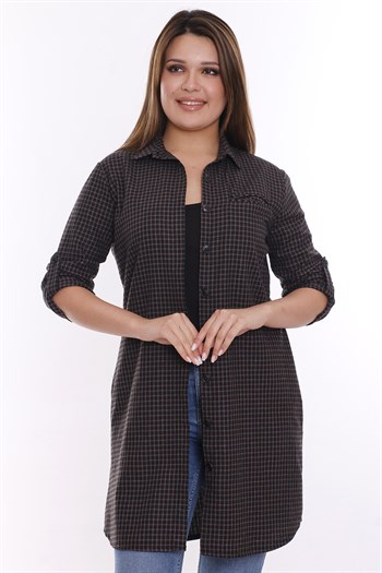 Kareli Gizli Cepli Kolu Apoletli Uzun Dokuma Tunik Gömlek