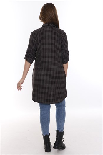 Kareli Gizli Cepli Kolu Apoletli Uzun Dokuma Tunik Gömlek