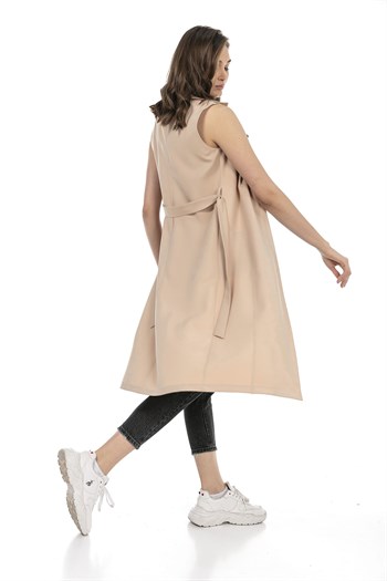 Classic Collar Midi Length Beige Vest with Pockets and Belt