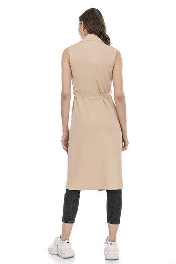 Classic Collar Midi Length Beige Vest with Pockets and Belt