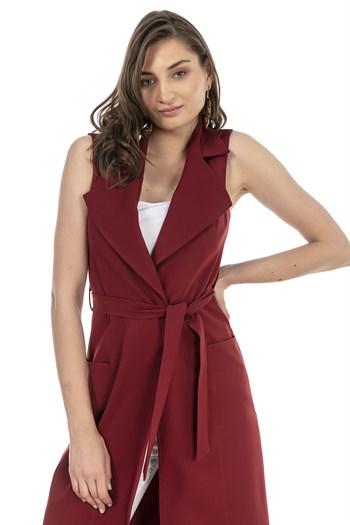 Classic Collar Midi Length Burgundy Vest with Pockets and Belt