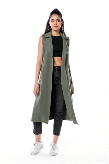 Classic Collar Midi Length Khaki Vest with Pockets and Belt