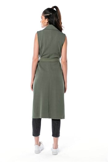 Classic Collar Midi Length Khaki Vest with Pockets and Belt