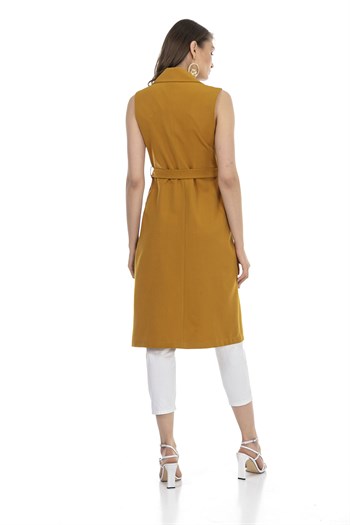 Classic Collar Midi Length Mustard Vest with Pockets and Belt