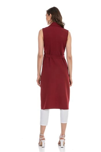 Classic Collar Midi Length Burgundy Vest with Pockets and Belt