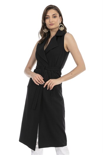 Classic Collar Midi Length Navy Blue Vest with Pockets and Belt