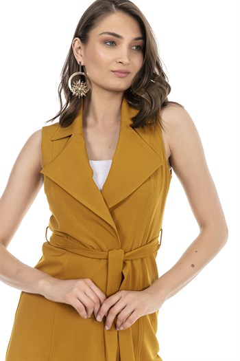 Classic Collar Midi Length Mustard Vest with Pockets and Belt