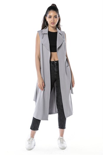 Classic Collar Midi Length Gray Vest with Pockets and Belt