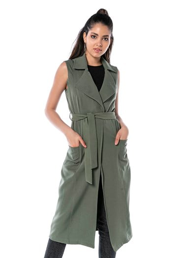Classic Collar Midi Length Khaki Vest with Pockets and Belt