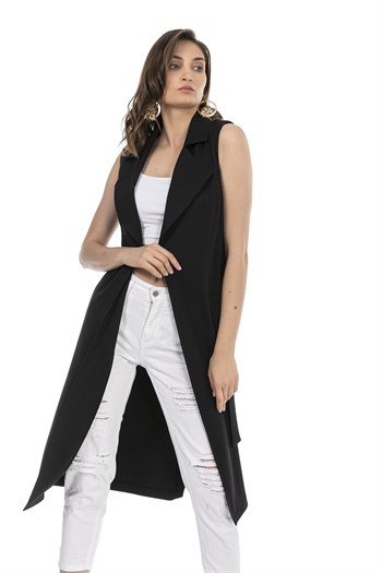 Classic Collar Midi Length Navy Blue Vest with Pockets and Belt