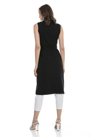 Classic Collar Midi Length Black Vest with Pockets and Belt