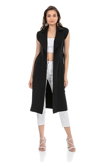 Classic Collar Midi Length Black Vest with Pockets and Belt