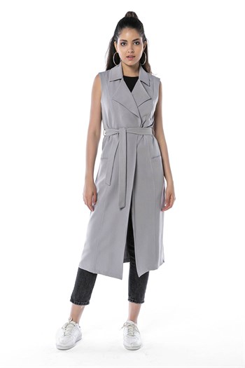 Classic Collar Midi Length Gray Vest with Pockets and Belt