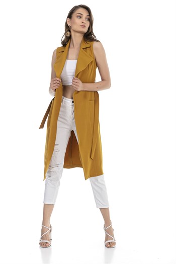 Classic Collar Midi Length Mustard Vest with Pockets and Belt