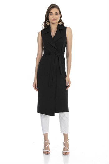 Classic Collar Midi Length Navy Blue Vest with Pockets and Belt