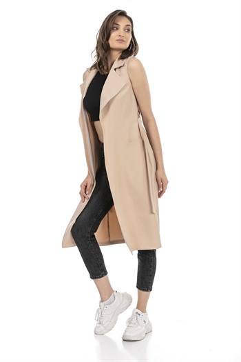 Classic Collar Midi Length Beige Vest with Pockets and Belt