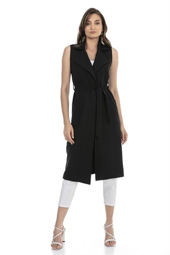 Classic Collar Midi Length Black Vest with Pockets and Belt