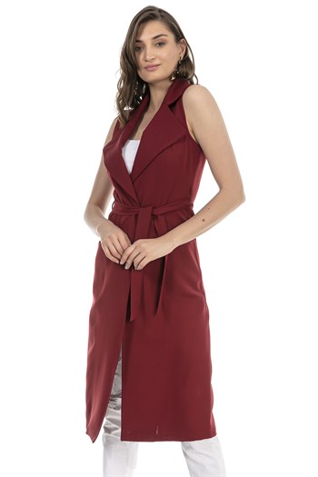 Classic Collar Midi Length Burgundy Vest with Pockets and Belt