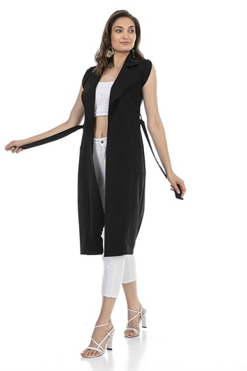 Classic Collar Midi Length Black Vest with Pockets and Belt