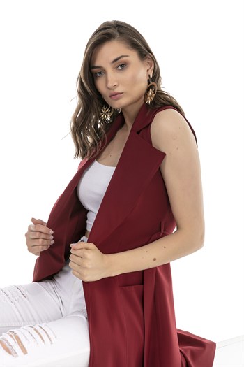 Classic Collar Midi Length Burgundy Vest with Pockets and Belt