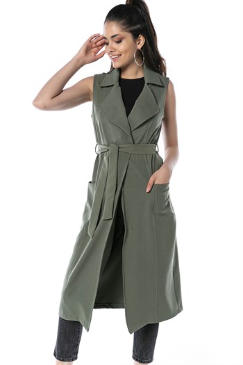 Classic Collar Midi Length Khaki Vest with Pockets and Belt