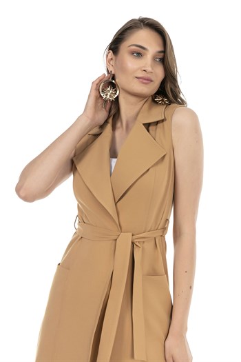Klasik Yaka Midi Boy Cepli ve Kuşaklı Camel Yelek
